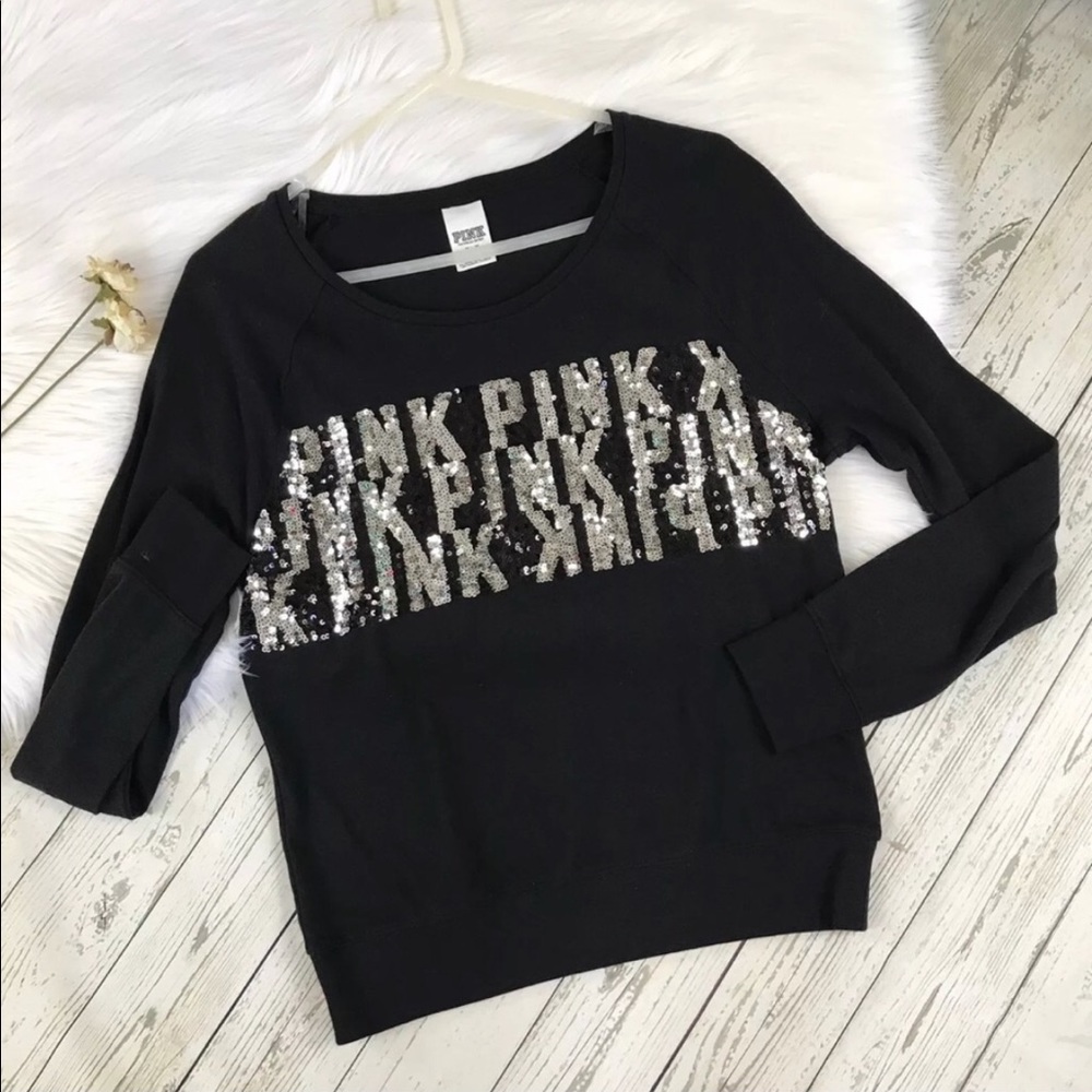 VS PINK Black Bling Sequins Logo Long Sleeve Top